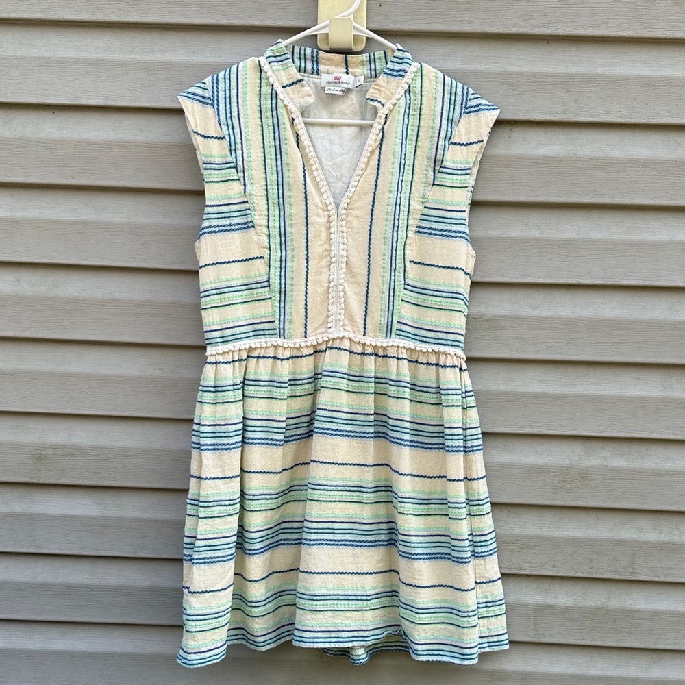 Vineyard Vines Cream, Blue & Green Striped Cap-Sleeve Dress